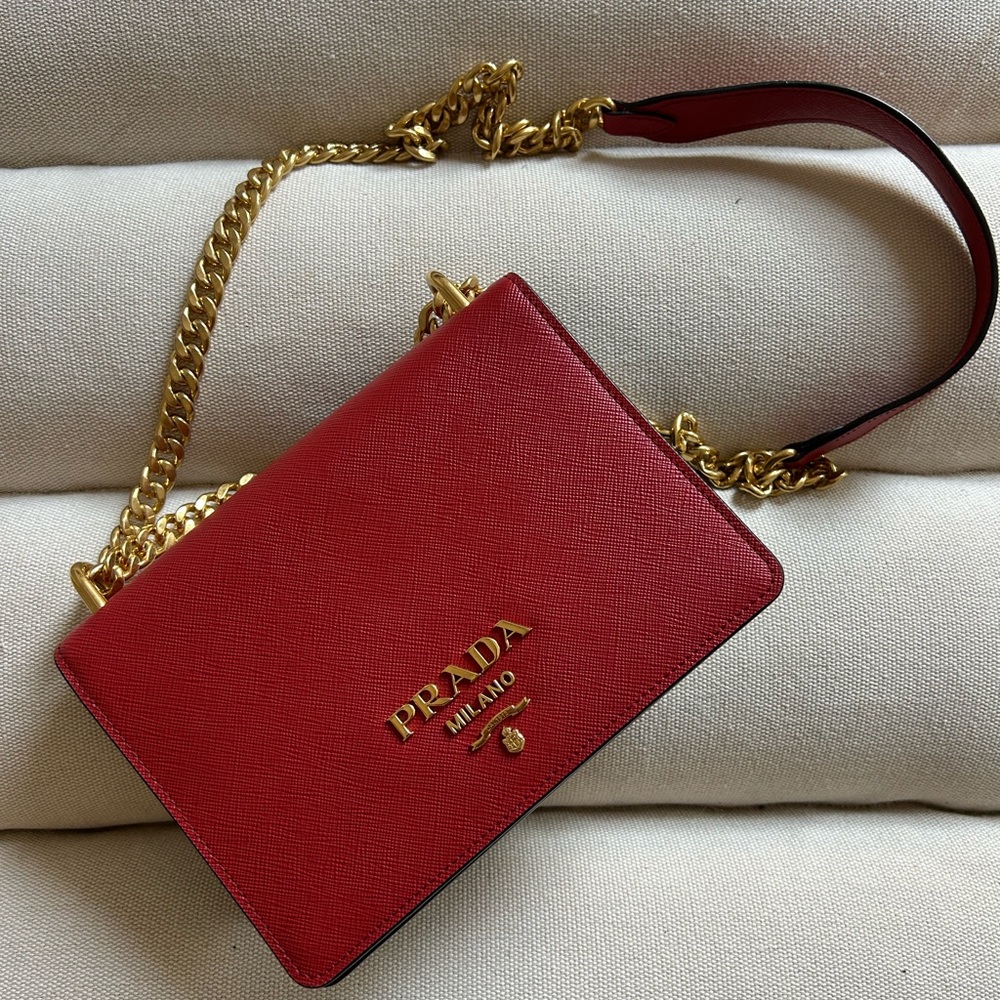 Prada Red and Black Leather Gold Chain Shoulder Bag